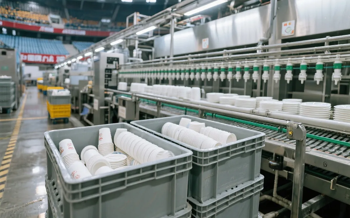 场馆后场清洗与周转中心示意：循环杯与循环餐具通过周转箱流转