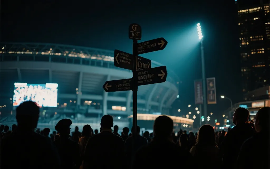 夜晚的体育场外人群与城市公共交通指示牌,氛围感强的观赛旅行场景