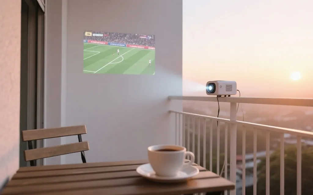阳台投影观看足球比赛的清晨氛围，咖啡与柔和天光