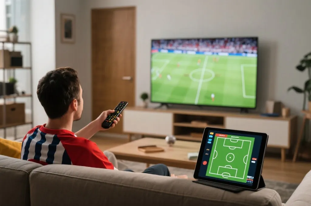 球迷在多屏设备前观看世界杯比赛